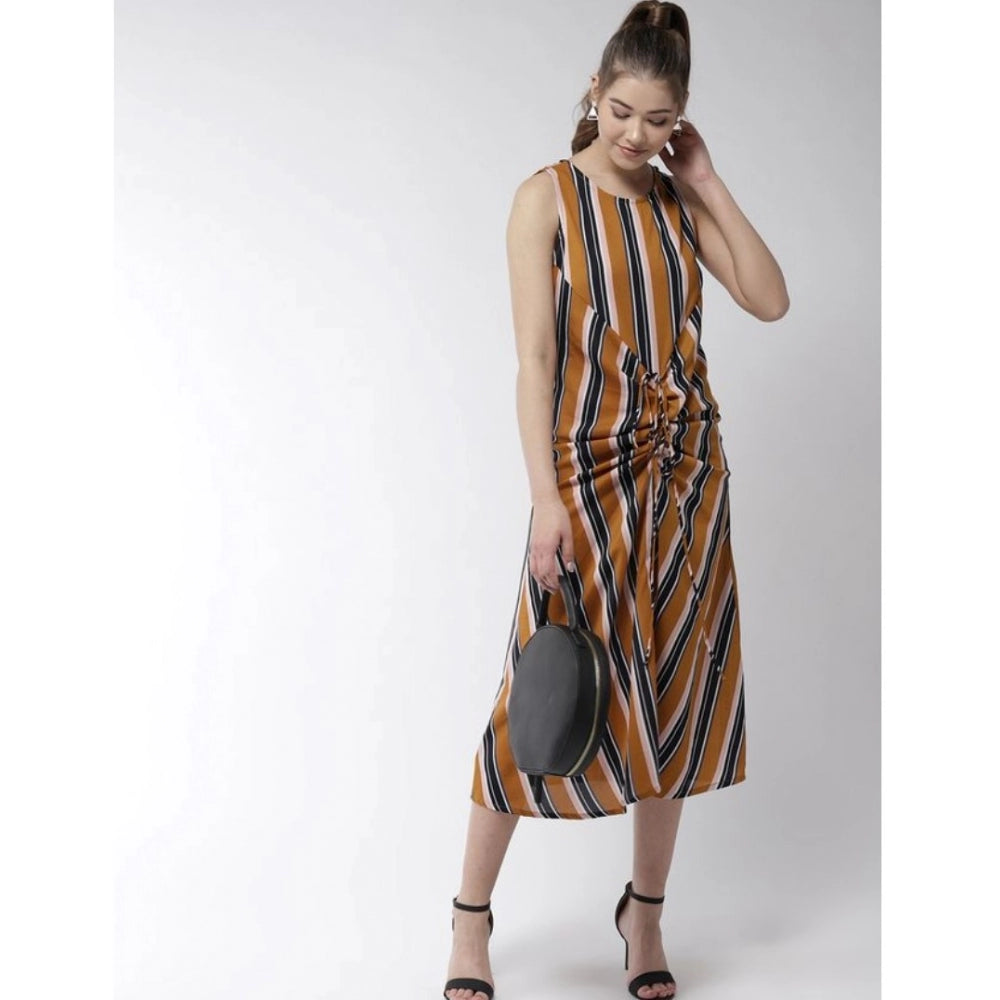 Indoraa Women's Polyester Striped Sleeveless Below Knee Dress (Mustard)