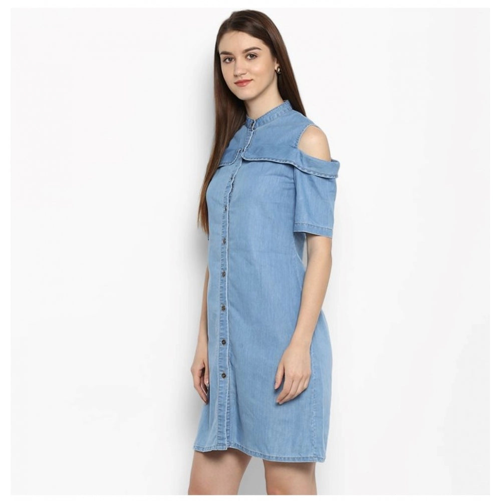 Indoraa Women's Denim Solid Cold Shoulder Above Knee Dress (Blue)