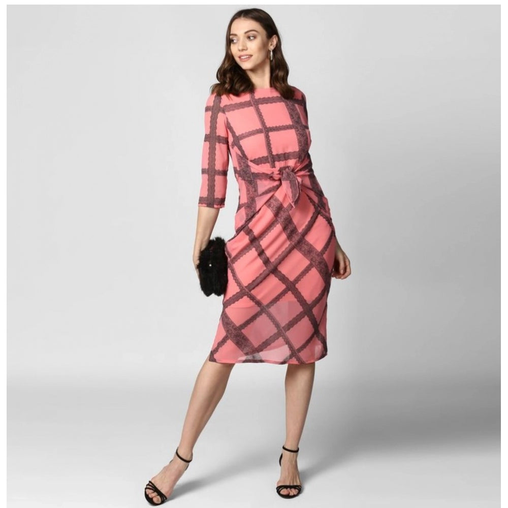 Indoraa Women's Polyester Checkered 3-4th Sleeves Below Knee Dress (Pink - Black)