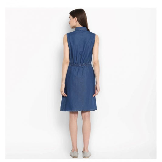 Indoraa Women's Denim Solid Sleeveless Above Knee Dress (Blue)