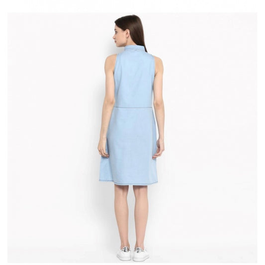 Indoraa Women's Denim Solid Sleeveless Below Knee Dress (Blue)