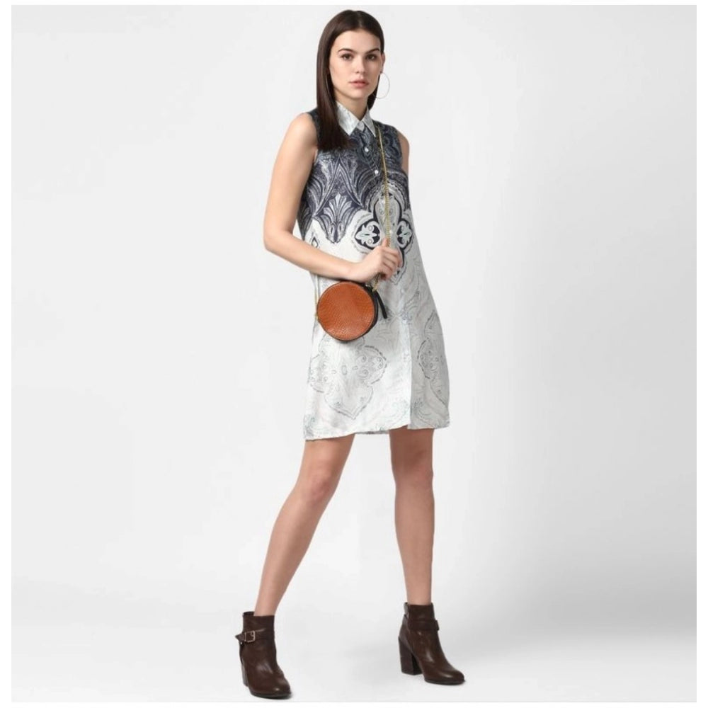 Indoraa Women's Polyester Printed Sleeveless Above Knee Dress (Blue)