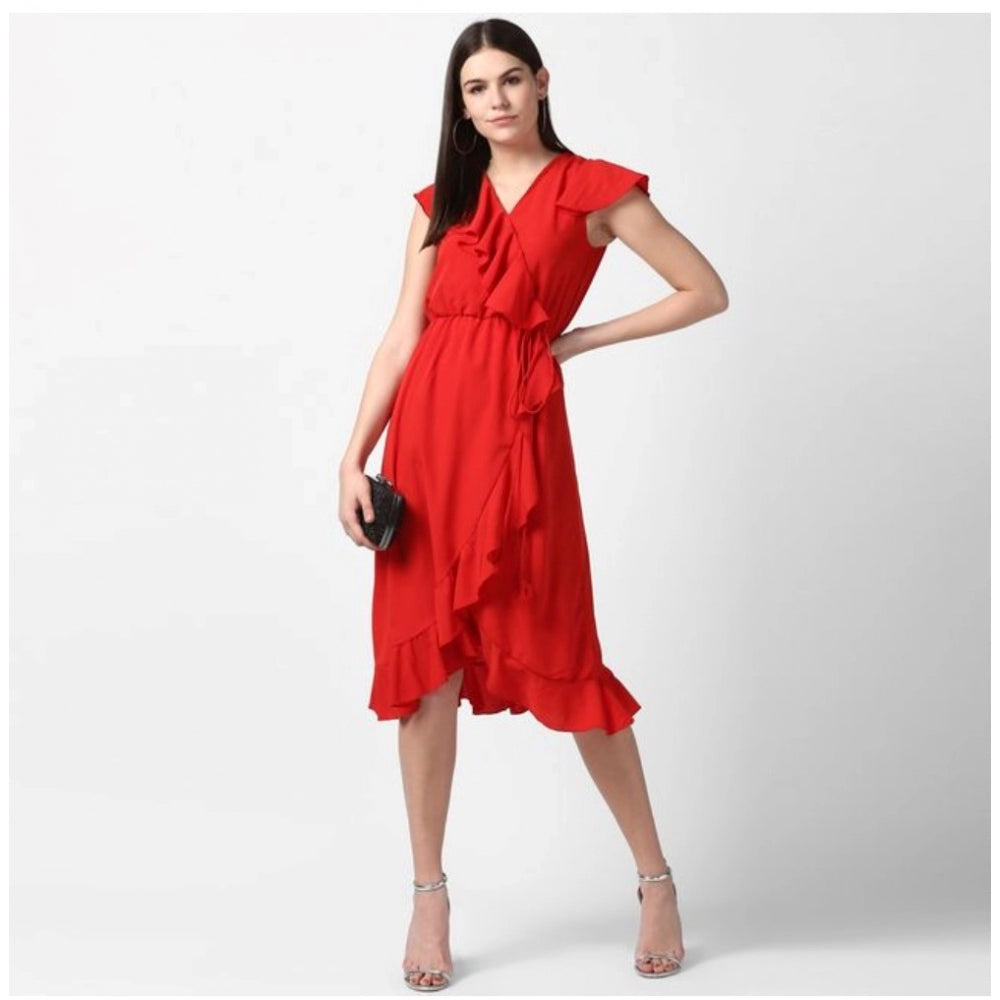 Indoraa Women's Polyester Ruffled Cap Sleeve Knee-Length Dress (Red)