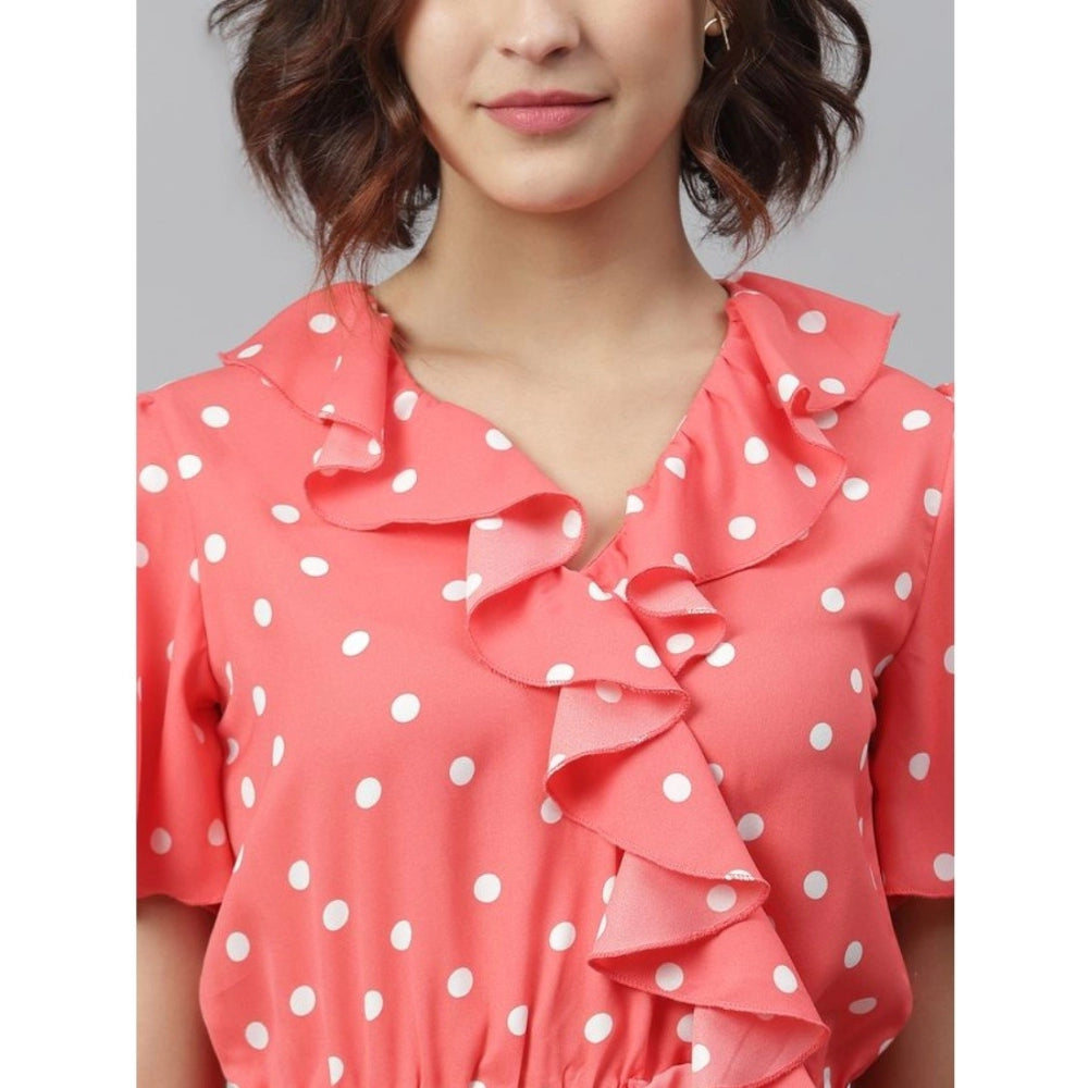Indoraa Women's Polyester Polka Flutter Above Knee Dress (Coral)