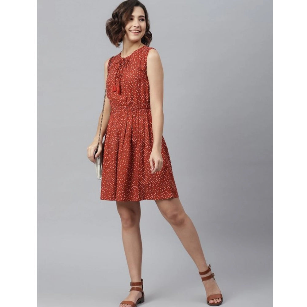Indoraa Women's Rayon Polka Sleeveless Above Knee Dress (Rust)