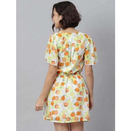 Indoraa Women's Polyester Printed Flutter Above Knee Dress (Orange - Yellow)