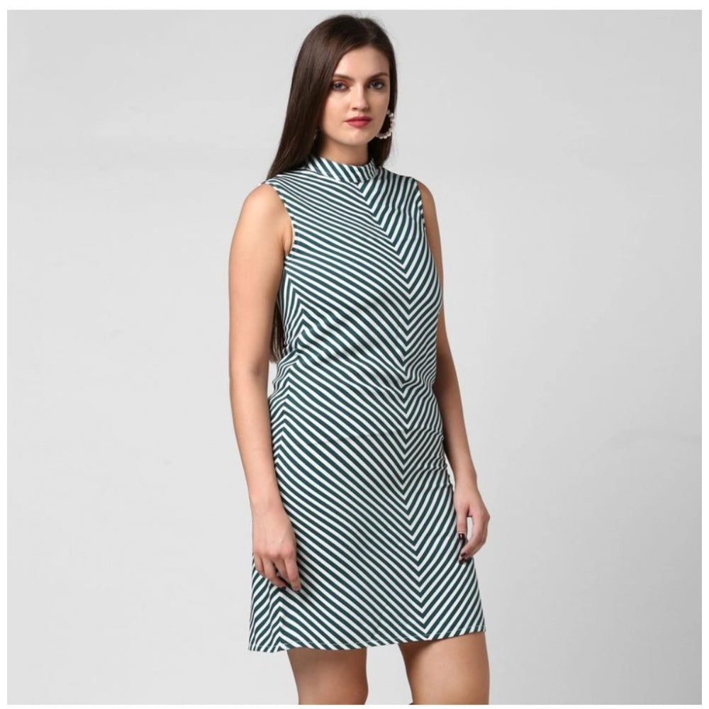 Indoraa Women's Polyester Striped Sleeveless Above Knee Dress (Green)