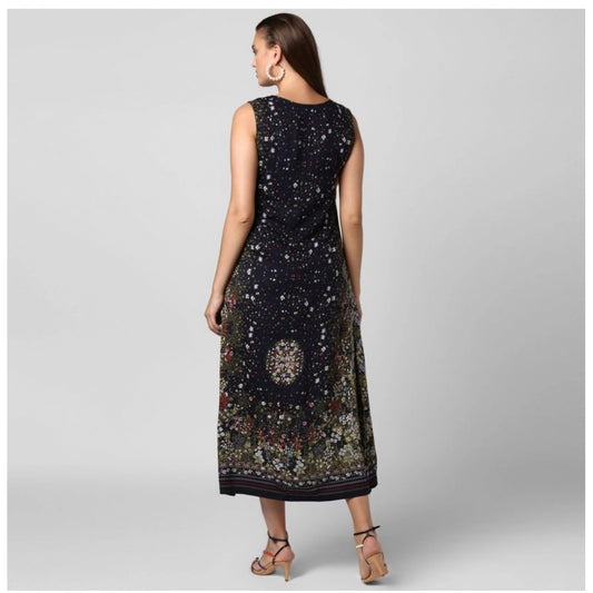 Indoraa Women's Rayon Floral Sleeveless Calf-length Dress (Black)