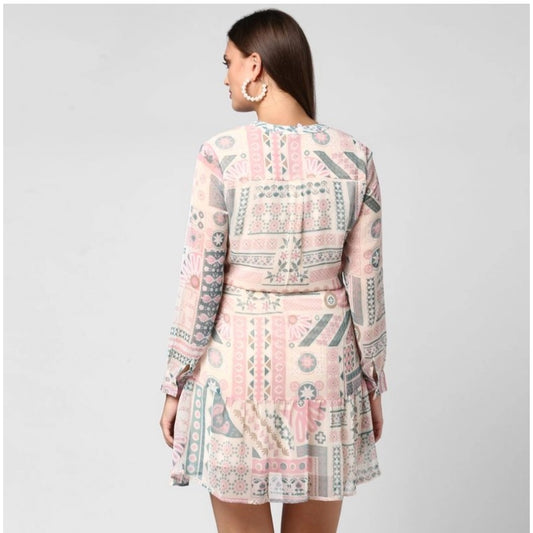 Indoraa Women's Polyester Printed Long Sleeves Above Knee Dress (Light Pink - Off White)