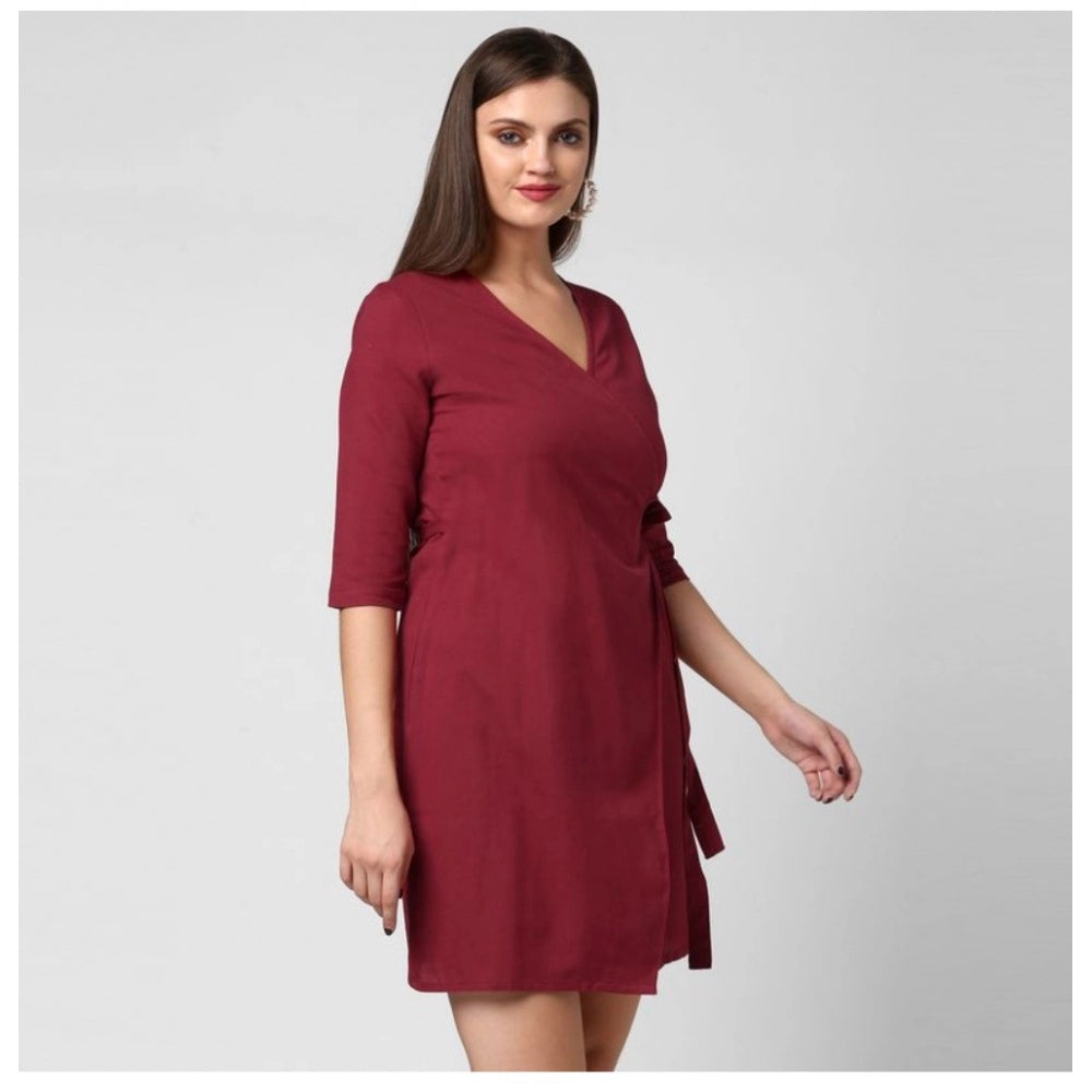 Indoraa Women's Cotton Solid 3-4th Sleeves Above Knee Dress (Maroon)