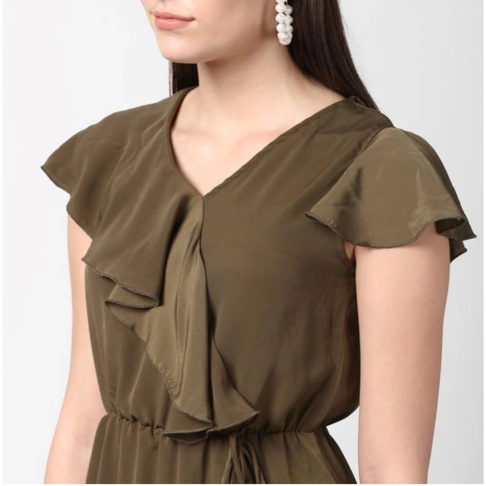 Indoraa Women's Polyester Ruffled Cap Sleeve Knee-Length Dress (Olive)
