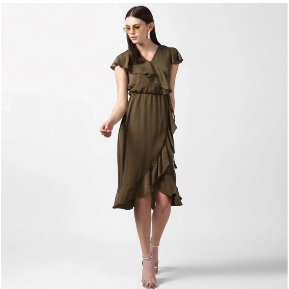 Indoraa Women's Polyester Ruffled Cap Sleeve Knee-Length Dress (Olive)