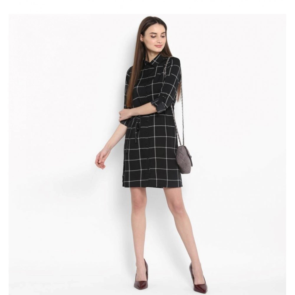 Indoraa Women's Polyester Checkered Roll Up Sleeve Above Knee Dress (Black - White)