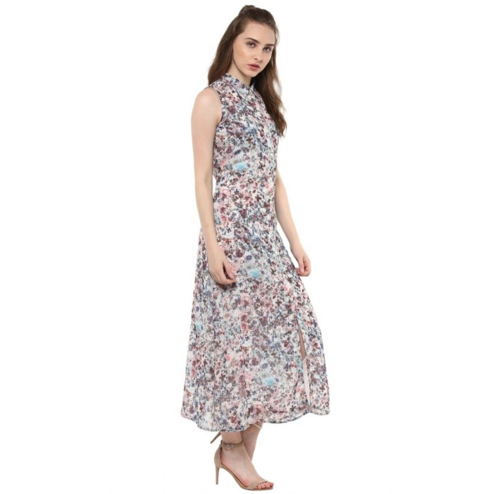 Indoraa Women's Polyester Chiffon Printed Sleeveless Dress (Multicolor)