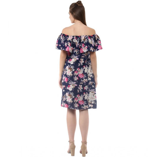Indoraa Women's Polyester Crepe Floral Half Sleeve Above Knee Dress (Navy Blue)