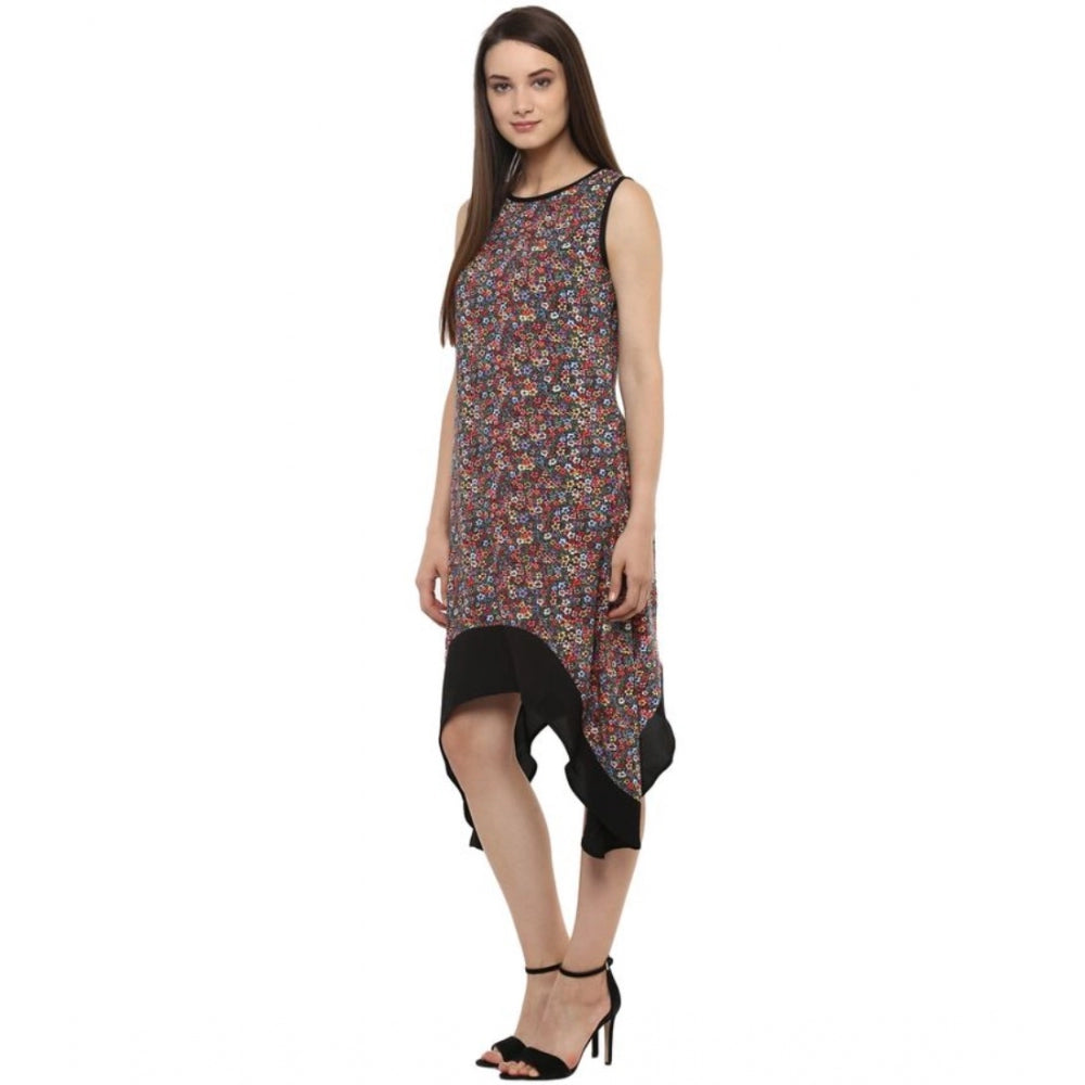 Indoraa Women's Polyester Printed Sleeveless Knee-Length Dress (Multicolor)