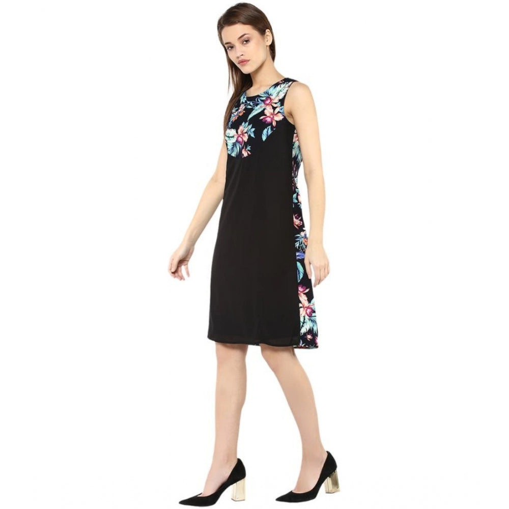 Indoraa Women's Polyester Printed Sleeveless Above Knee Dress (Black - Multicolor)