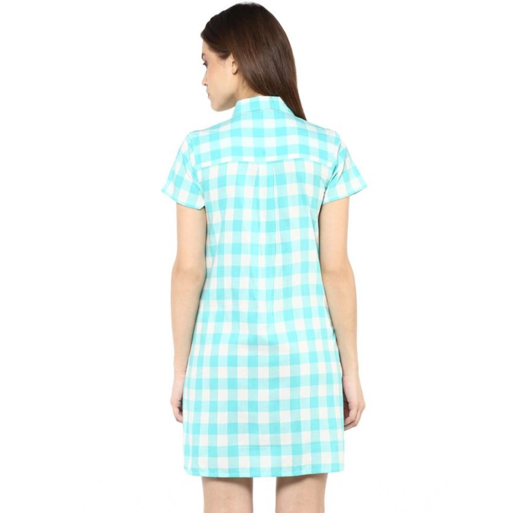 Indoraa Women's Rayon Checkered Short Sleeve Above Knee Dress (SkuBlue - White)