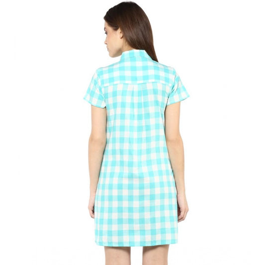 Indoraa Women's Rayon Checkered Short Sleeve Above Knee Dress (SkuBlue - White)