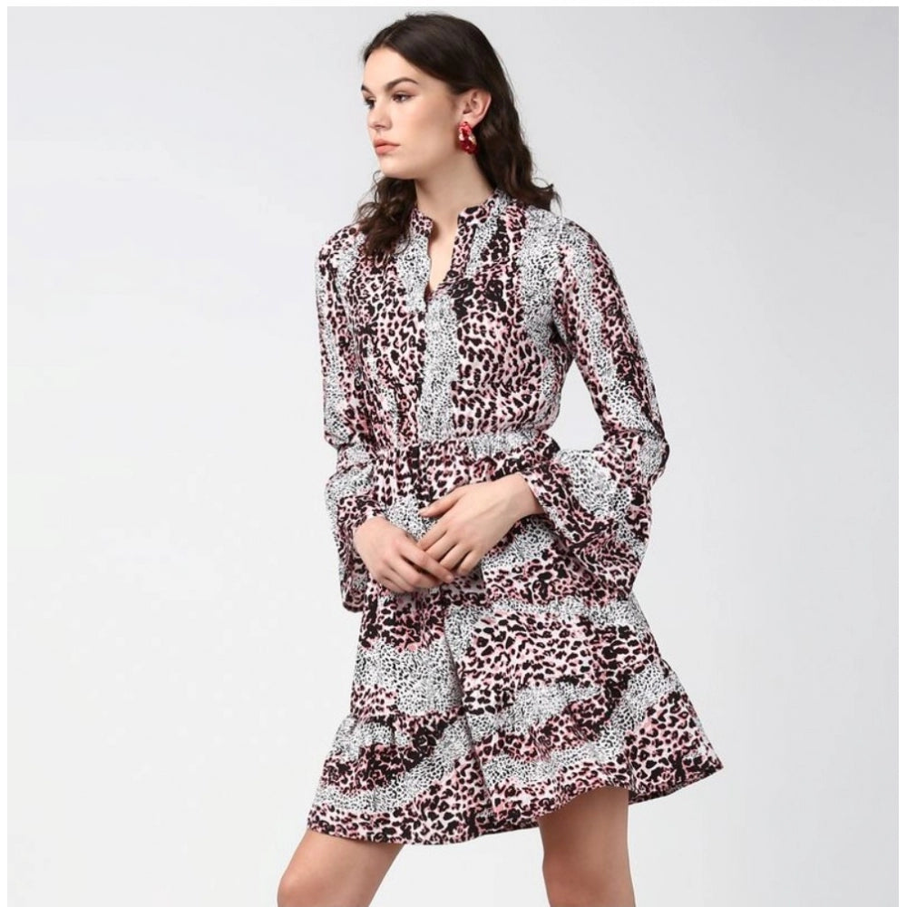Indoraa Women's Polyester Animal Print Bell Sleeve Above Knee Dress (Pink - Black)