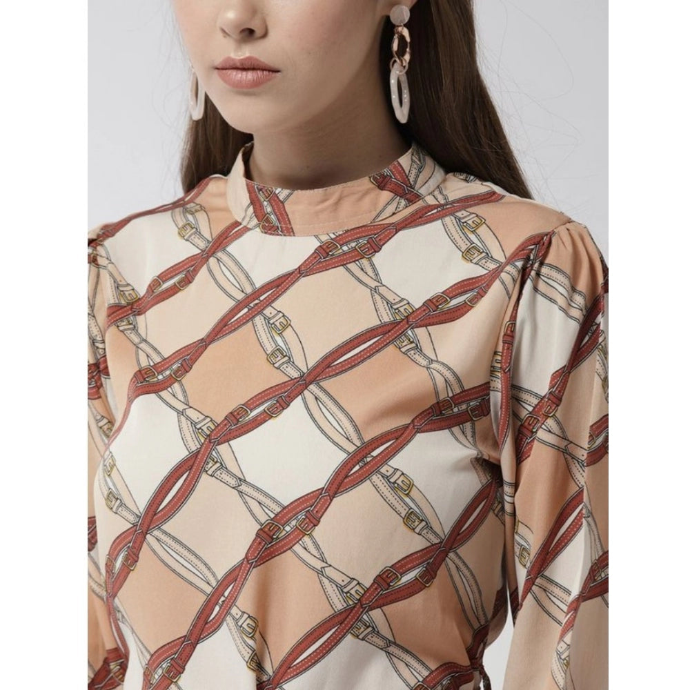 Indoraa Women's Polyester Checkered Long Sleeves Above Knee Dress (Off White - Brown)