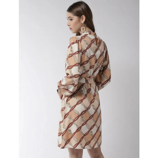 Indoraa Women's Polyester Checkered Long Sleeves Above Knee Dress (Off White - Brown)