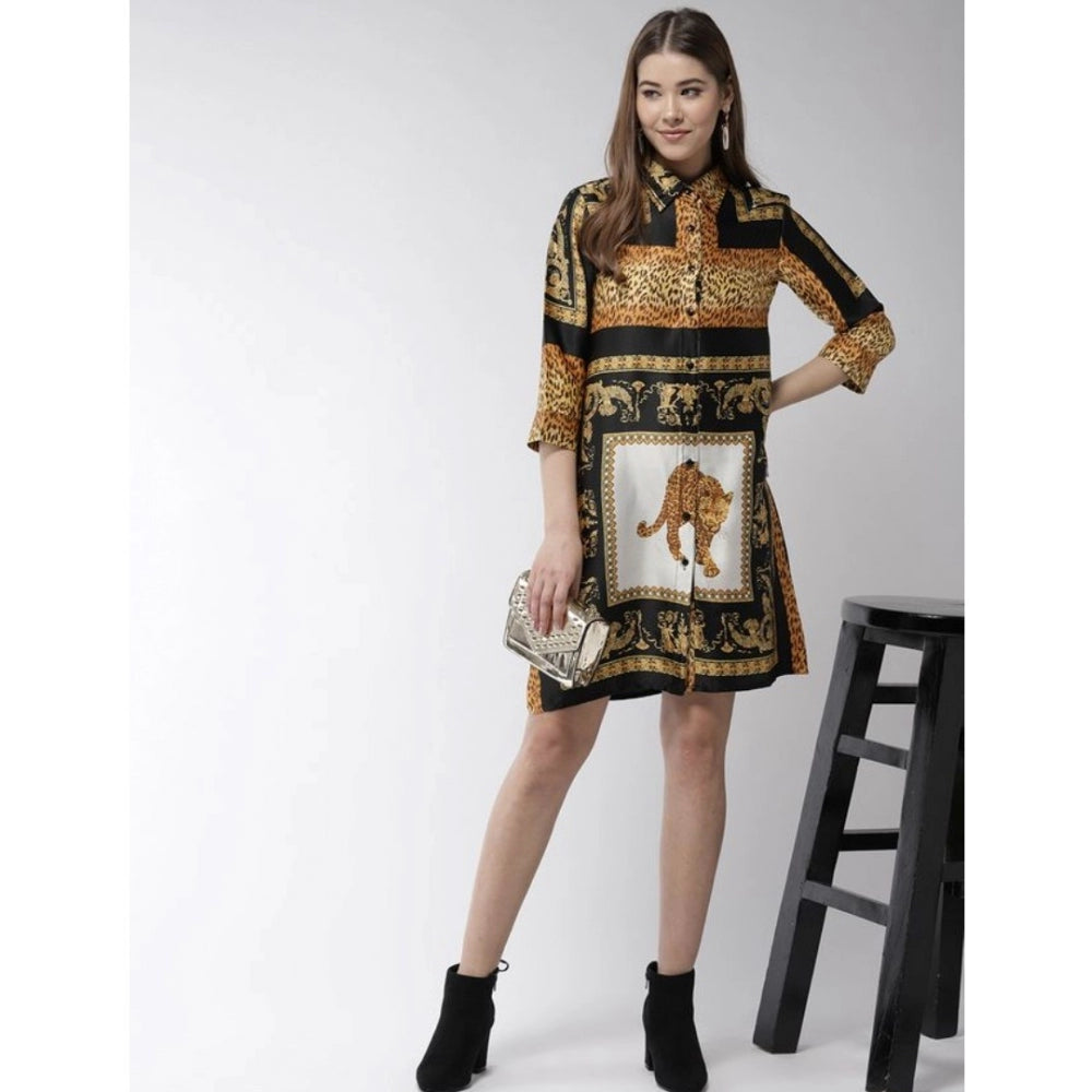 Indoraa Women's Satin Animal Print 3-4th Sleeves Above Knee Dress (White - Orange)