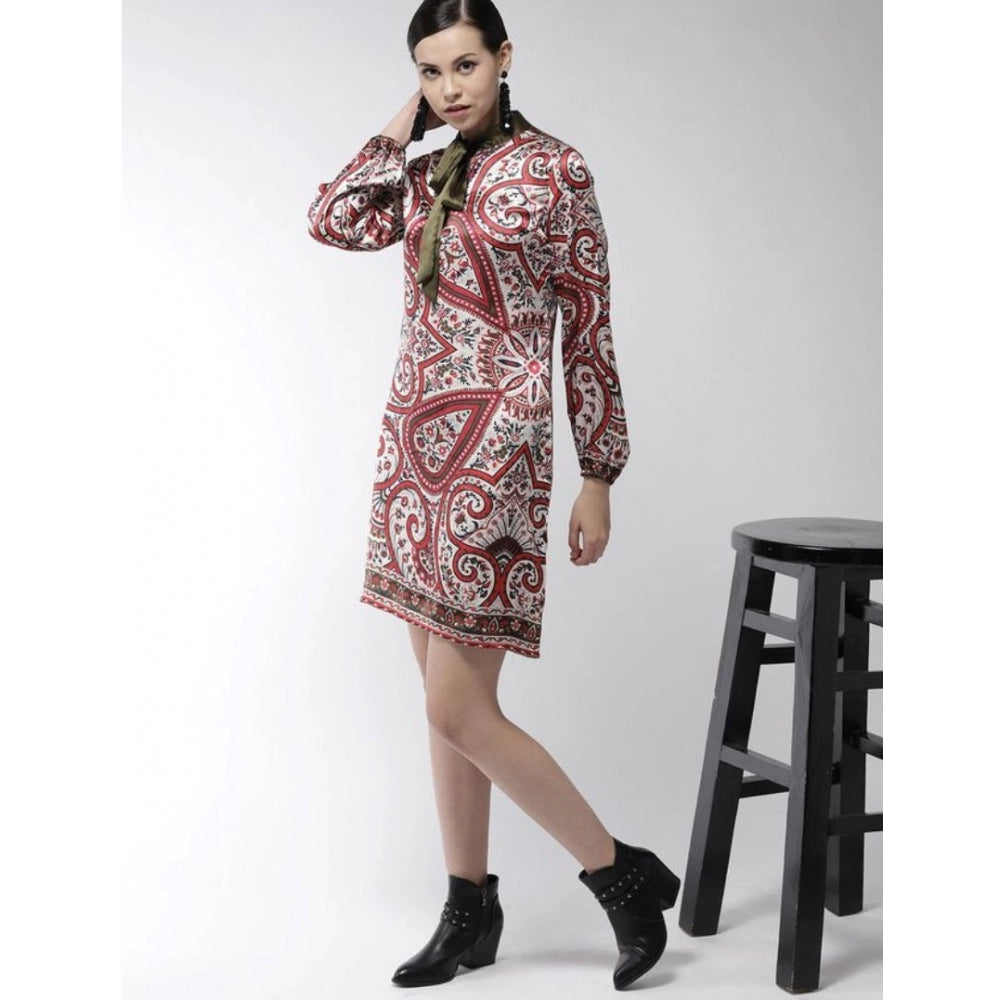 Indoraa Women's Polyester Printed Long Sleeves Above Knee Dress (Red)
