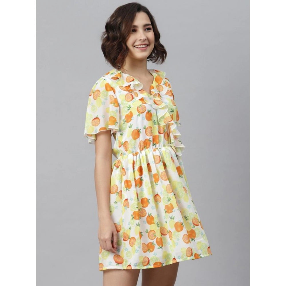 Indoraa Women's Polyester Printed Flutter Above Knee Dress (Yellow - Orange)