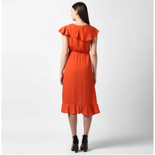Indoraa Women's Polyester Ruffled Cap Sleeve Knee-Length Dress (Orange)
