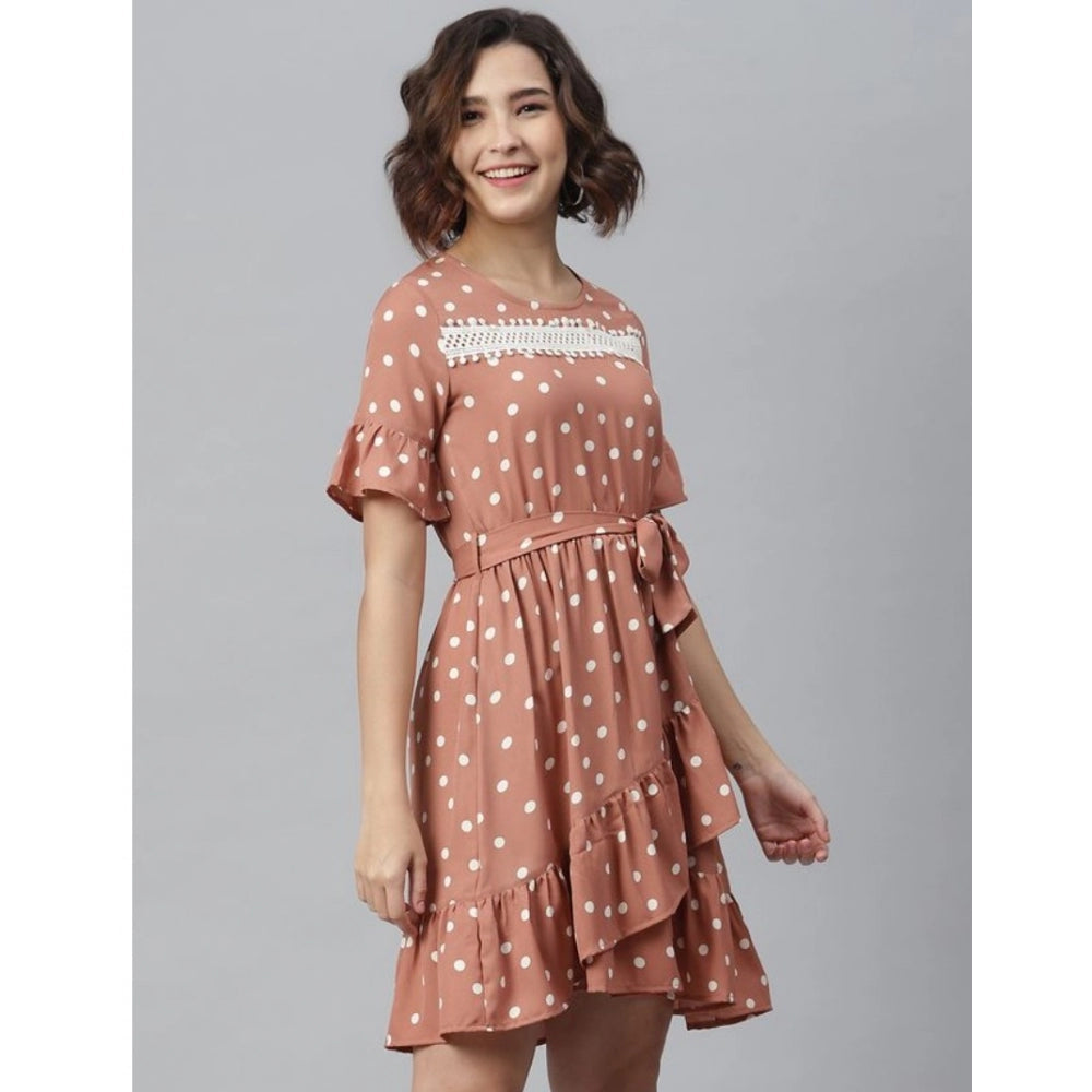 Indoraa Women's Polyester Polka Bell Sleeve Above Knee Dress (Brown)