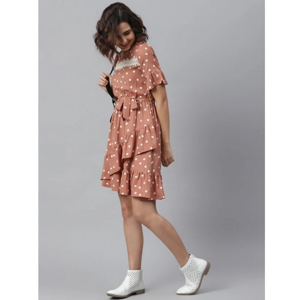 Indoraa Women's Polyester Polka Bell Sleeve Above Knee Dress (Brown)