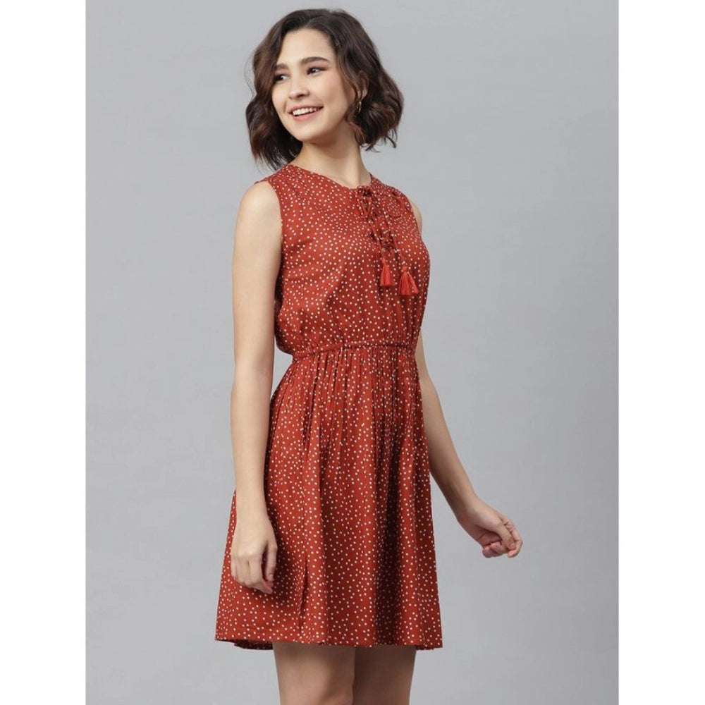 Indoraa Women's Rayon Polka Sleeveless Above Knee Dress (Rust)