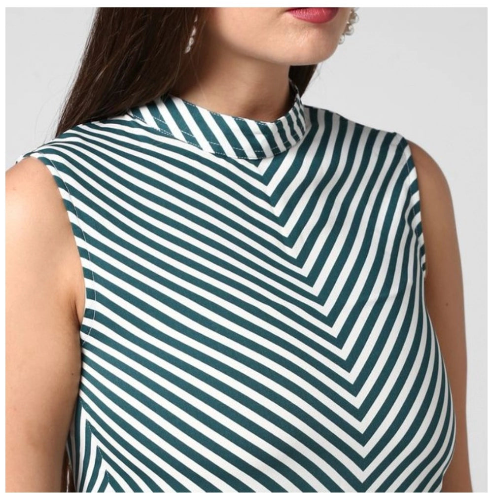 Indoraa Women's Polyester Striped Sleeveless Above Knee Dress (Green)