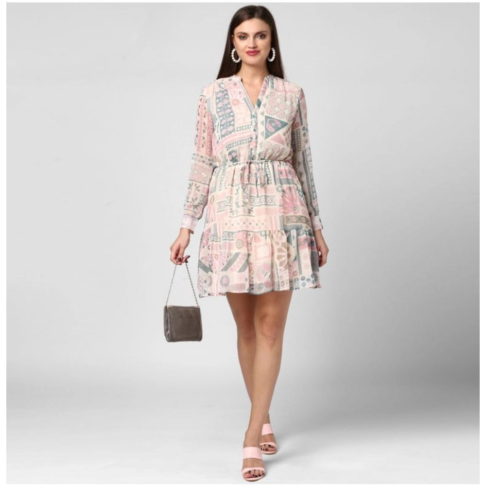 Indoraa Women's Polyester Printed Long Sleeves Above Knee Dress (Light Pink - Off White)