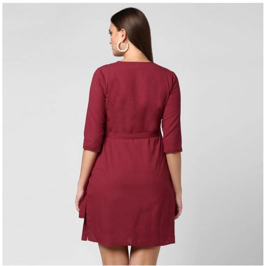 Indoraa Women's Cotton Solid 3-4th Sleeves Above Knee Dress (Maroon)