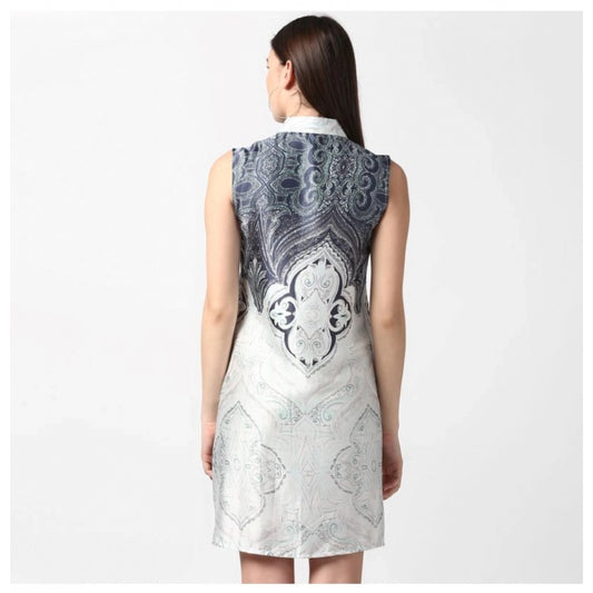 Indoraa Women's Polyester Printed Sleeveless Above Knee Dress (Blue)