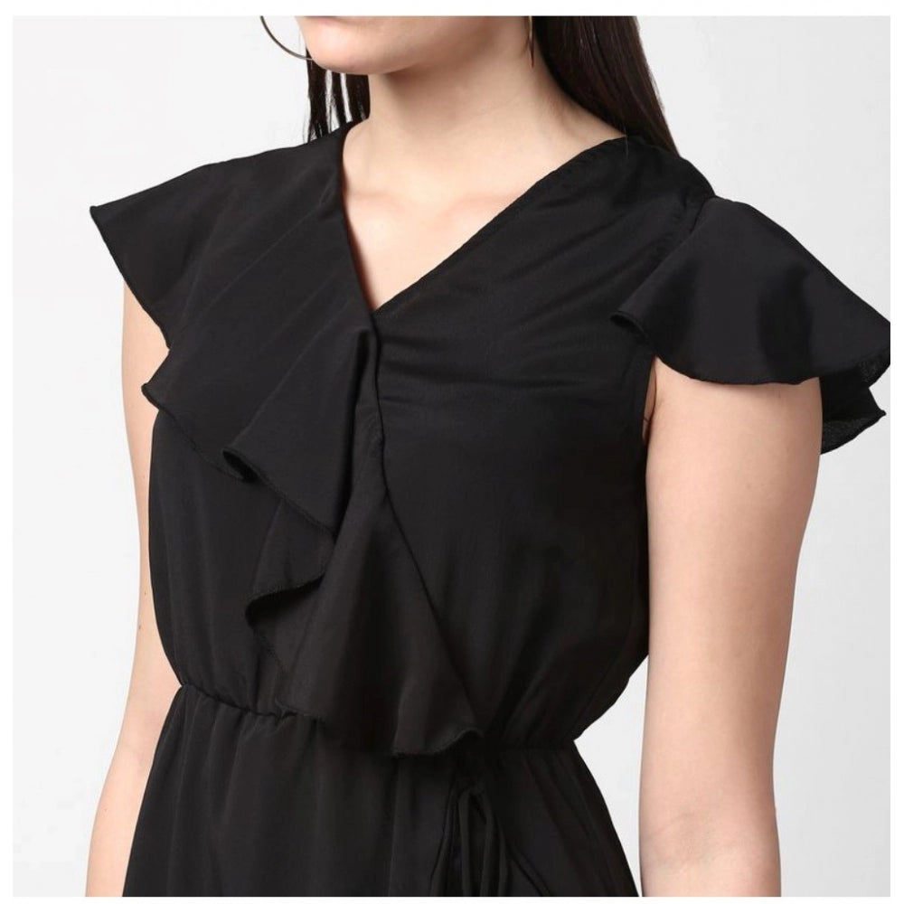 Indoraa Women's Polyester Ruffled Cap Sleeve Knee-Length Dress (Black)