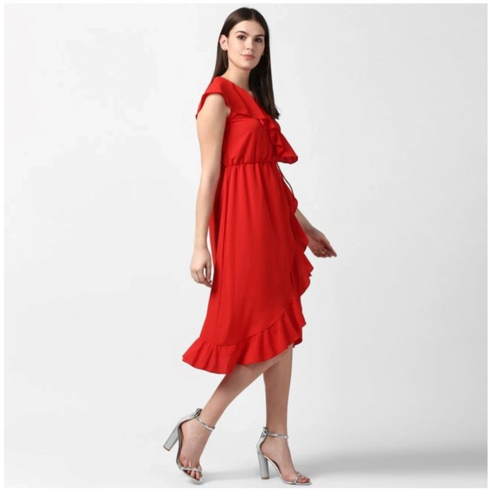 Indoraa Women's Polyester Ruffled Cap Sleeve Knee-Length Dress (Red)