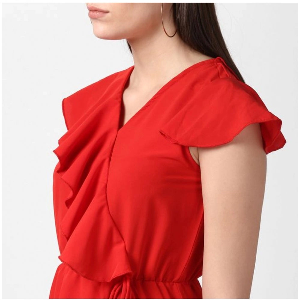 Indoraa Women's Polyester Ruffled Cap Sleeve Knee-Length Dress (Red)