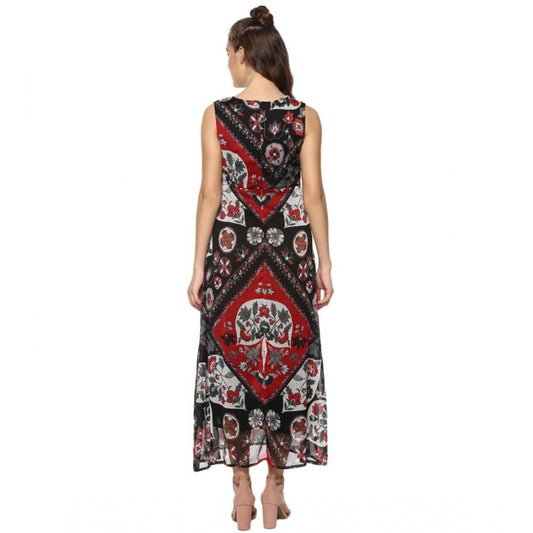 Indoraa Women's Polyester Printed Sleeveless Dress (Red - Black)