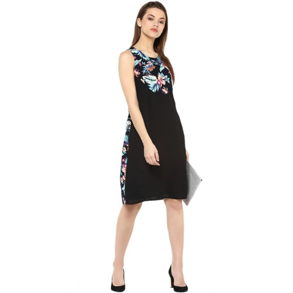 Indoraa Women's Polyester Printed Sleeveless Above Knee Dress (Black - Multicolor)