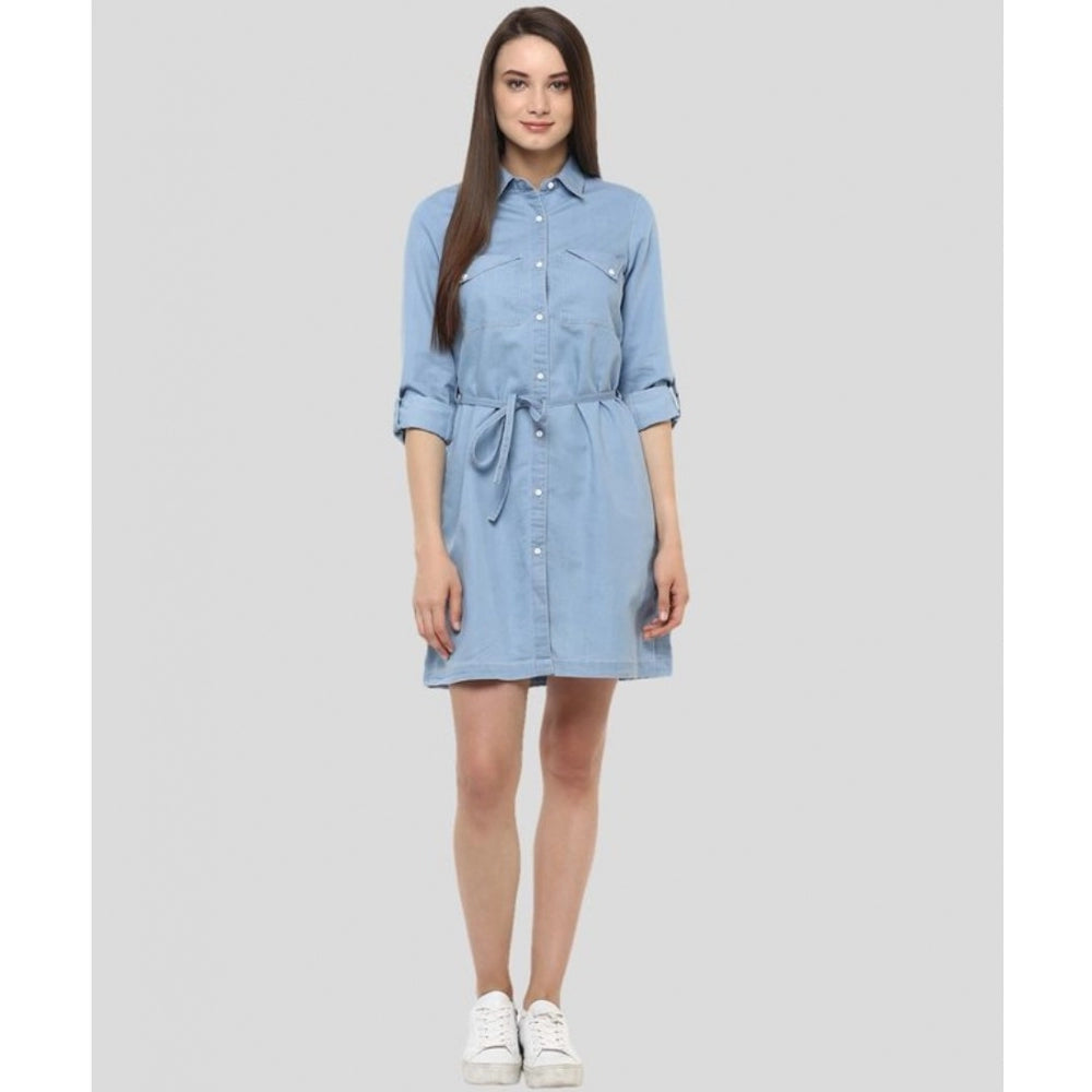 Indoraa Women's Denim Solid Long Sleeves Above Knee Dress (Blue)