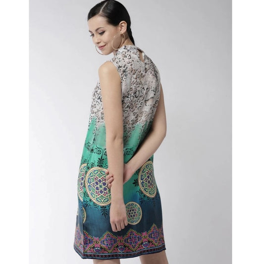 Indoraa Women's Polyester Printed Sleeveless Above Knee Dress (Multicolor)