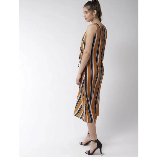 Indoraa Women's Polyester Striped Sleeveless Below Knee Dress (Mustard)