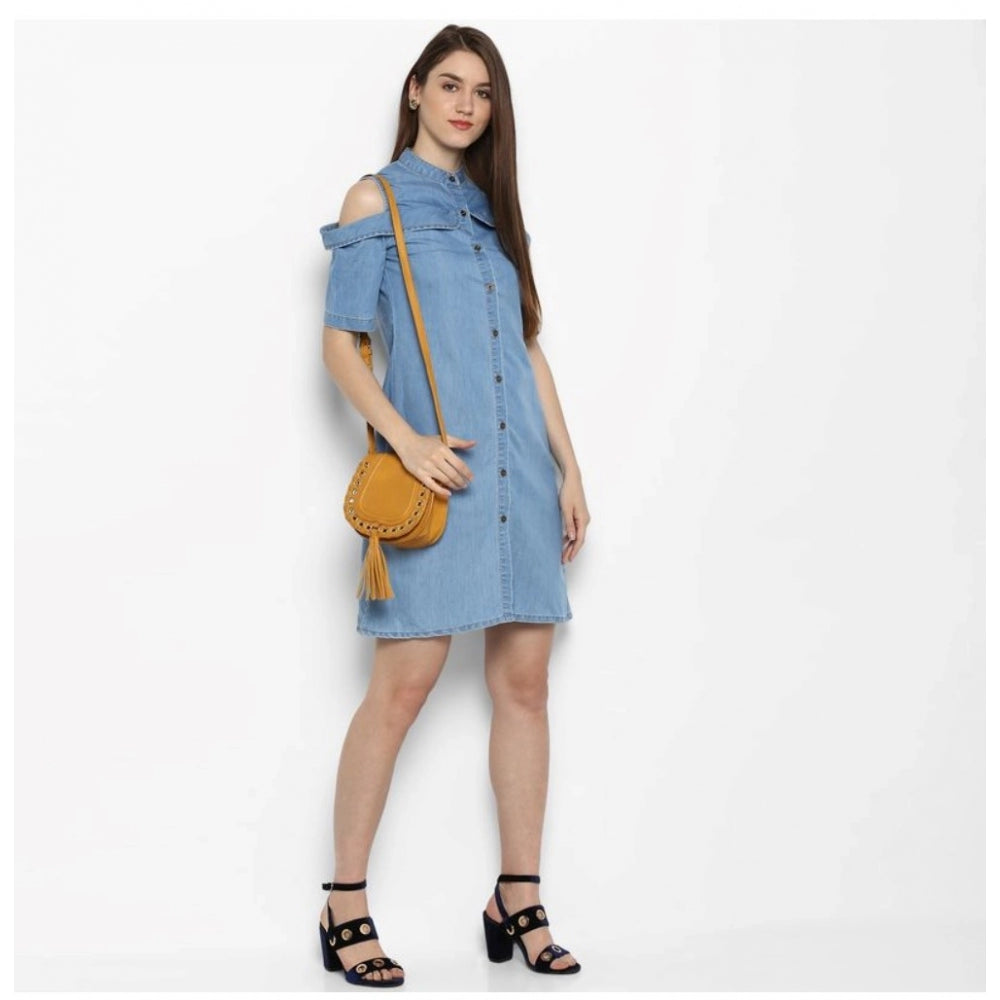 Indoraa Women's Denim Solid Cold Shoulder Above Knee Dress (Blue)