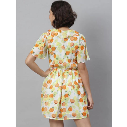Indoraa Women's Polyester Printed Flutter Above Knee Dress (Yellow - Orange)