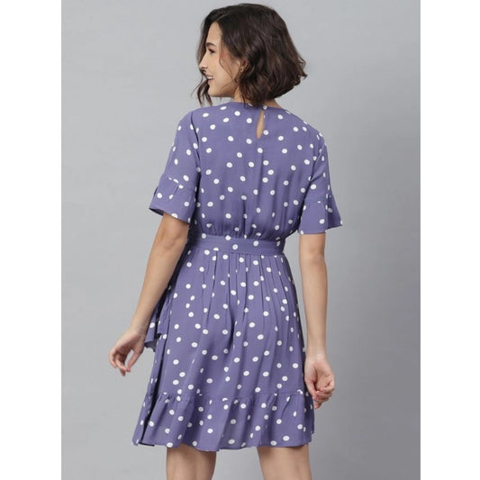 Indoraa Women's Polyester Polka Bell Sleeve Above Knee Dress (Lavender)