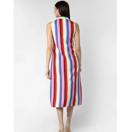 Indoraa Women's Polyester Striped Sleeveless Calf-length Dress (Multicolor)