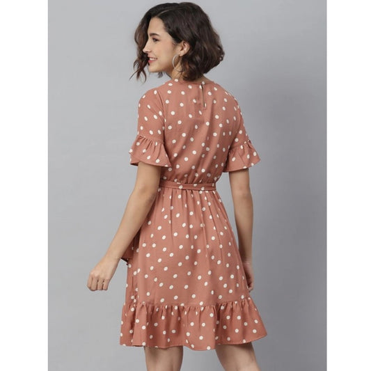 Indoraa Women's Polyester Polka Bell Sleeve Above Knee Dress (Brown)